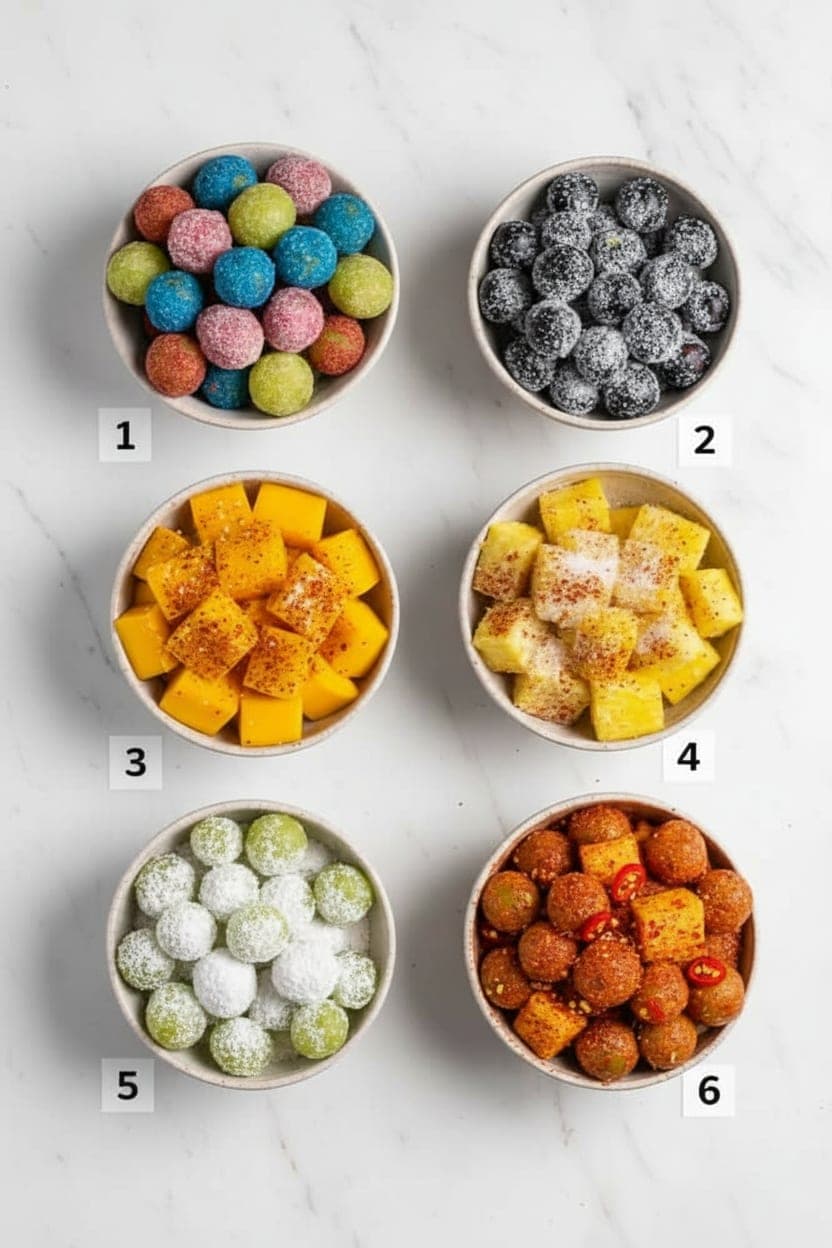 12 viral TikTok sour candy fruit recipes — collection of all recipes from classic Jell-O grapes to spicy Tajín mango to Fruit Riot copycat