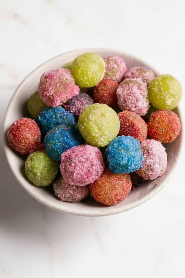 Close-up of healthy sour candy frozen grapes dusted in sugar-free sour coating
