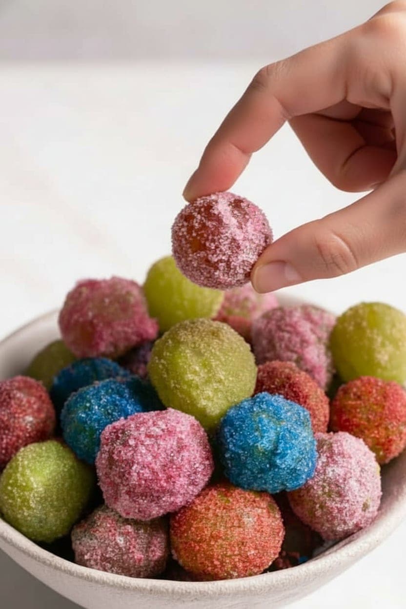 Bowl of healthy sour candy frozen grapes with a hand reaching in, showing the frosty citric acid coating