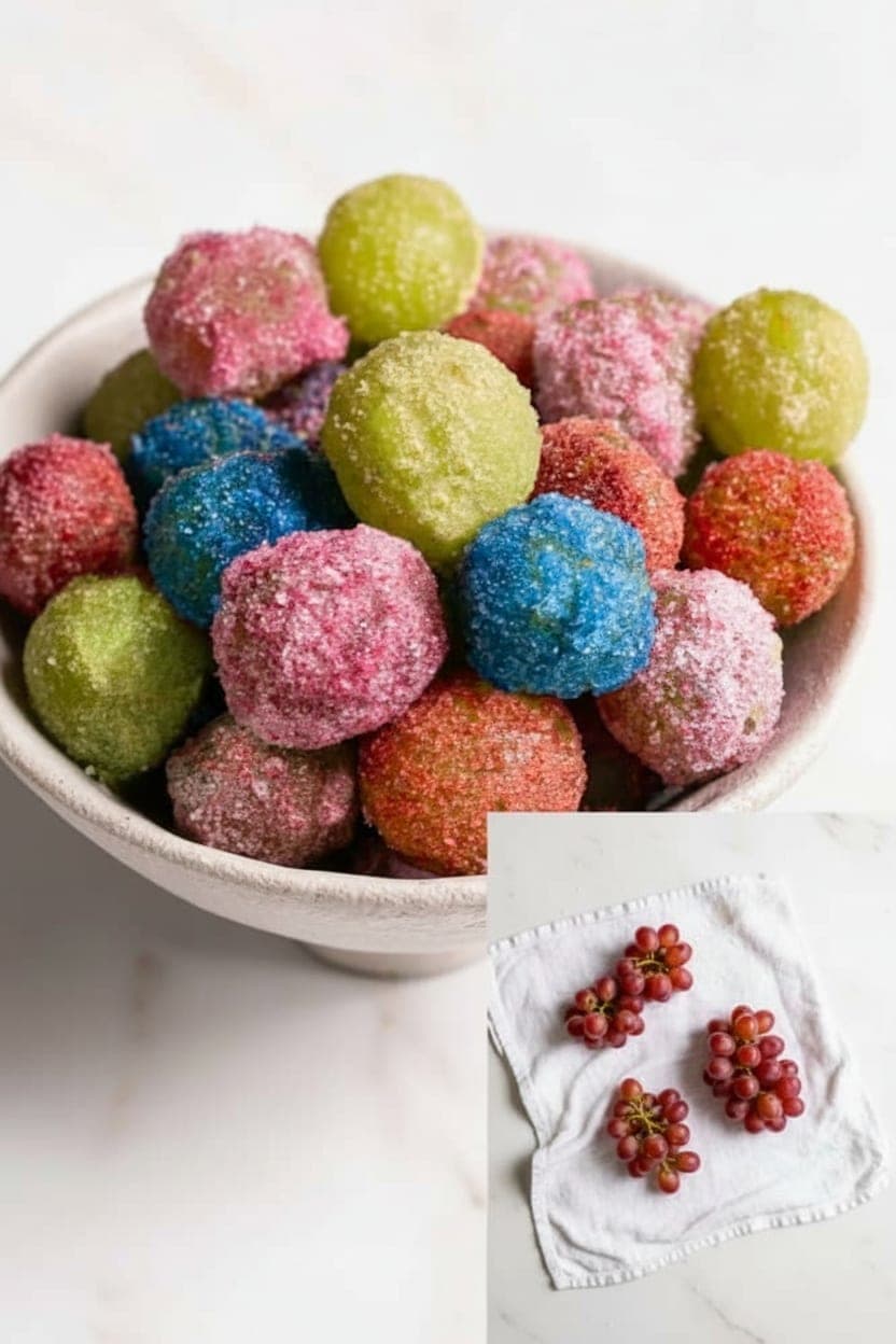 Grapes being patted dry on a white kitchen towel