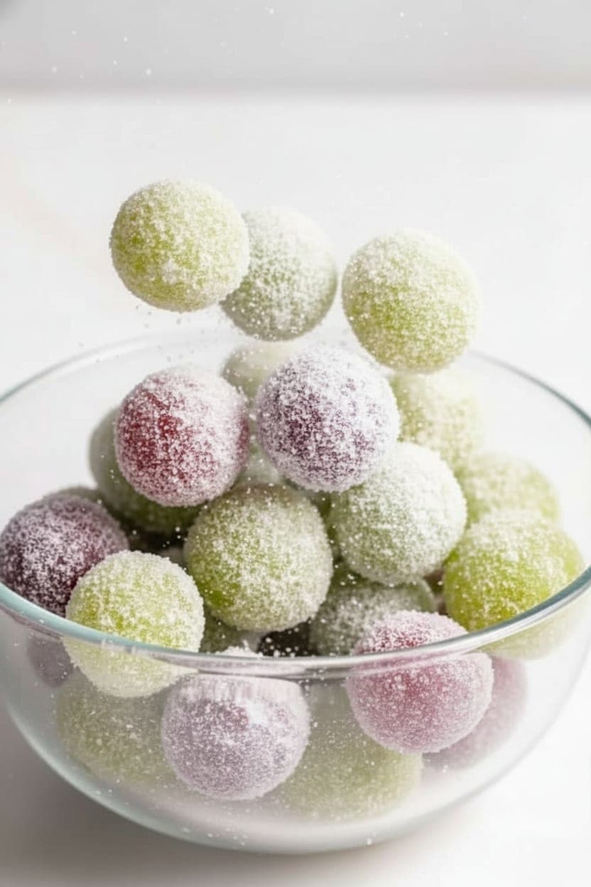 Grapes being tossed in monk fruit citric acid sour coating in a clear bowl