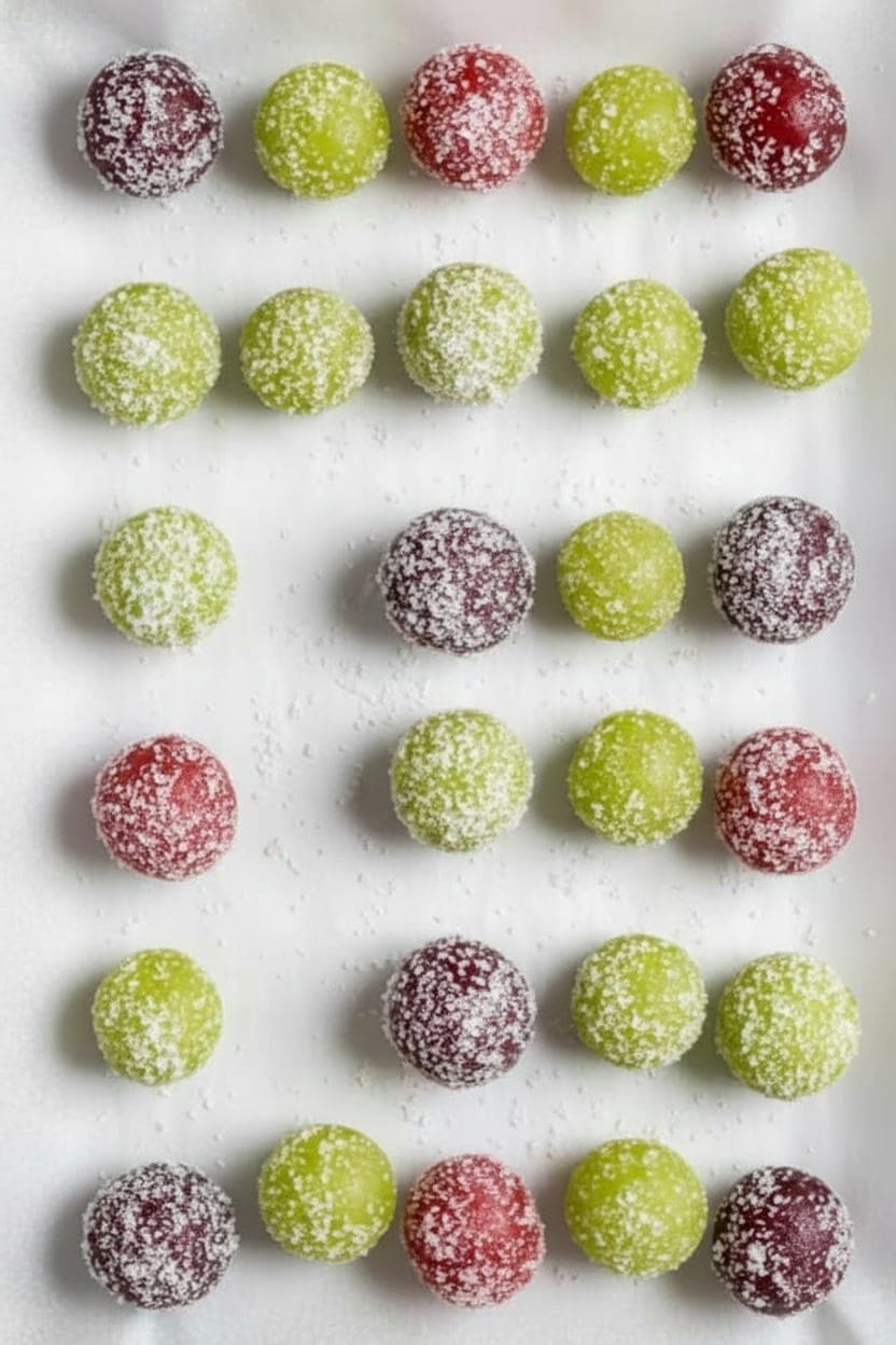 Sour candy coated grapes spread on a parchment-lined baking sheet going into the freezer