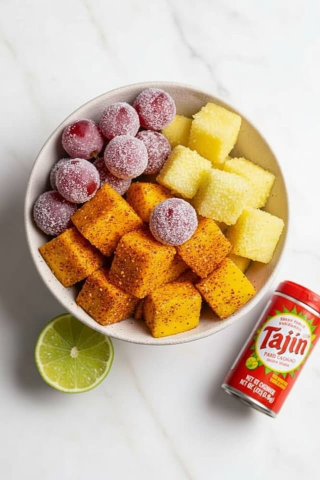 Close-up of homemade Fruit Riot copycat mix with sour grapes, Tajín mango, and citric acid pineapple in a bowl