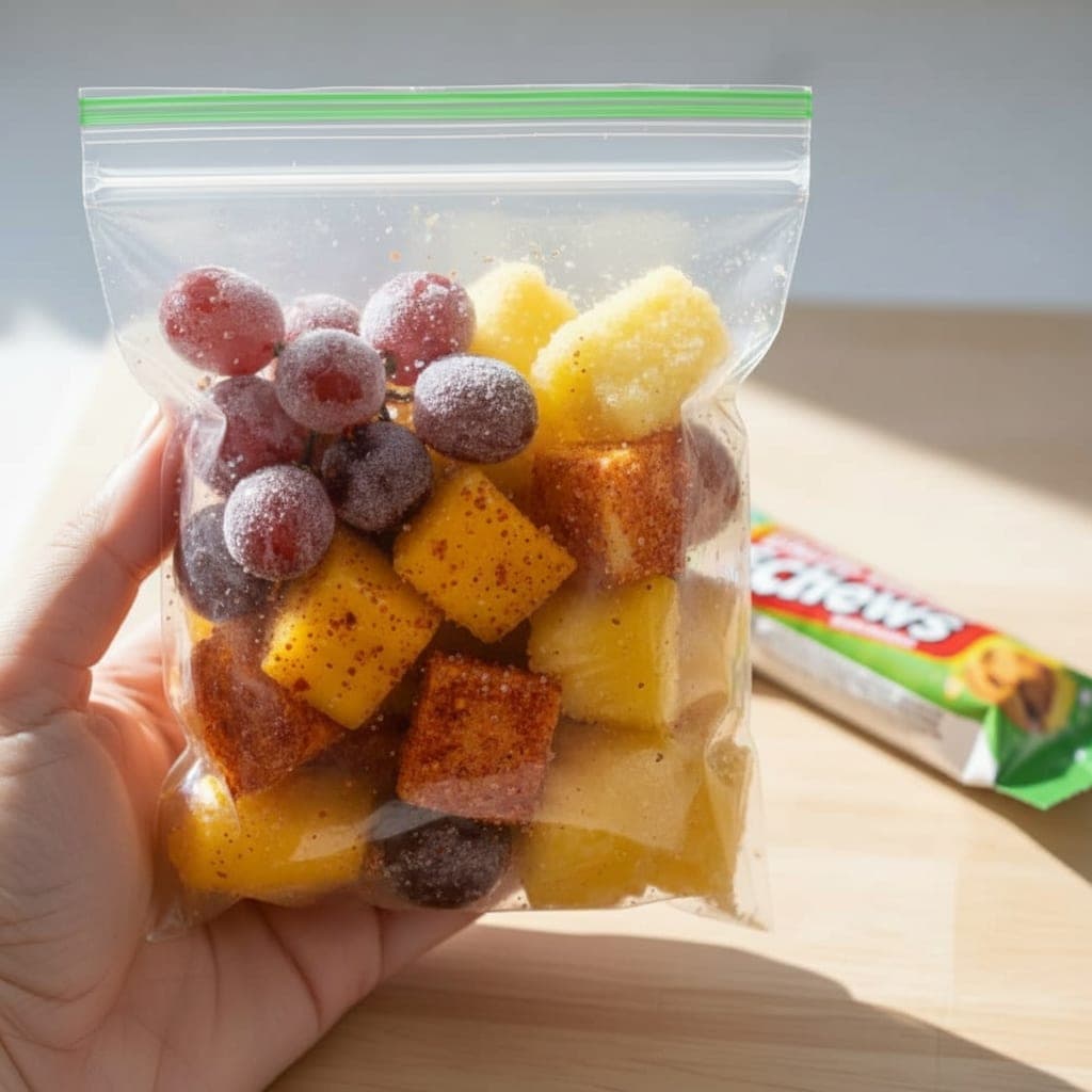 Homemade Fruit Riot copycat bag vs store-bought — grapes, mango chunks, and pineapple bites coated in sour candy powder