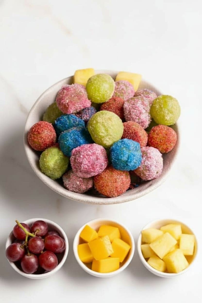 Grapes, mango cubes, and pineapple chunks each sorted into separate white bowls being prepped for the homemade Fruit Riot copycat recipe