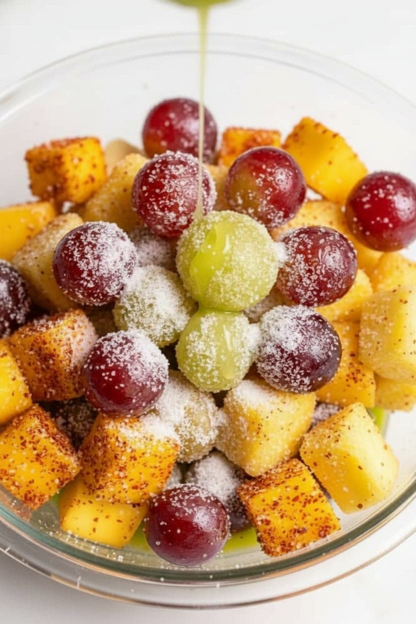 Red seedless grapes being tossed in lime juice and citric acid powder in a clear bowl for the sour grape component of the Fruit Riot copycat