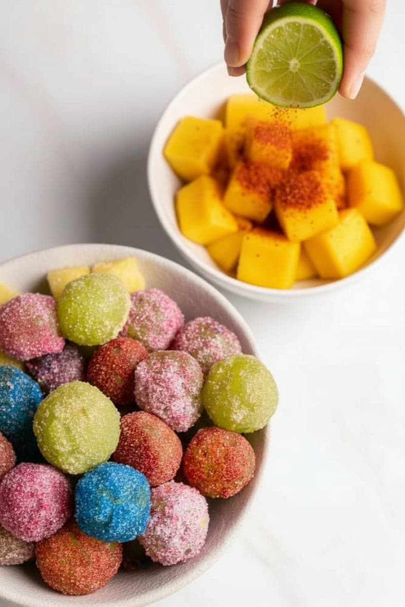 Fresh mango cubes coated in Tajín seasoning and lime juice in a bowl for the spicy-sour mango element of the homemade Fruit Riot mix