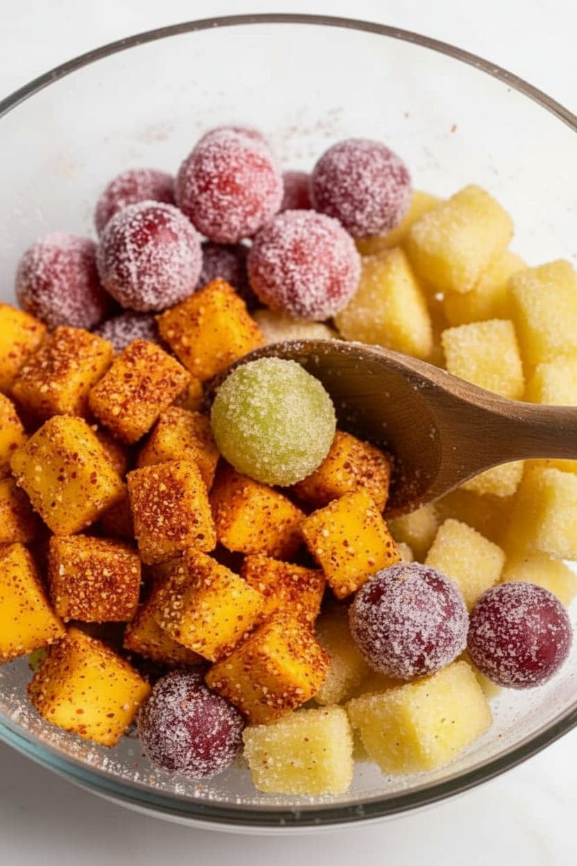 Sour-coated grapes, Tajín mango, and citric acid pineapple being combined into a colorful homemade Fruit Riot copycat mix in a large clear bowl