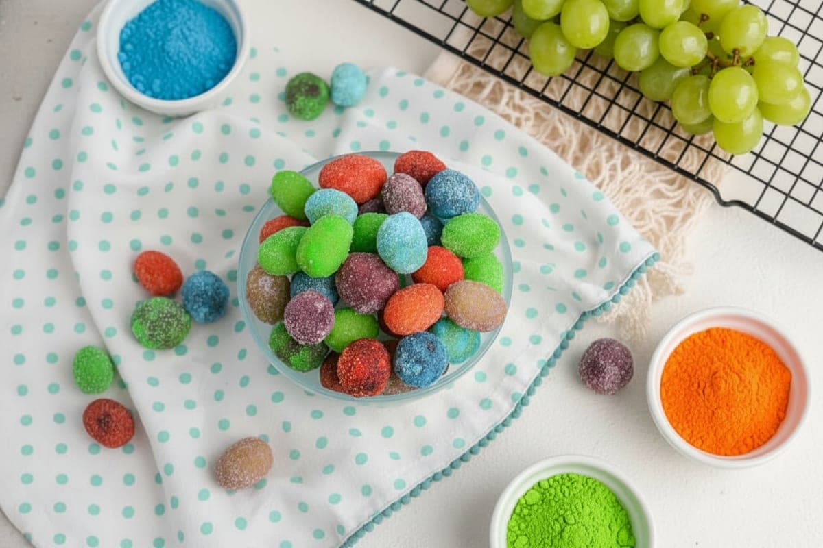 colorful bowls of Jell-O powder with grapes being rolled for rainbow candy coating