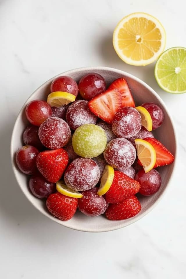 Close-up of no-sugar sour candy fruit snacks coated in citric acid and lemon juice, naturally frosty texture