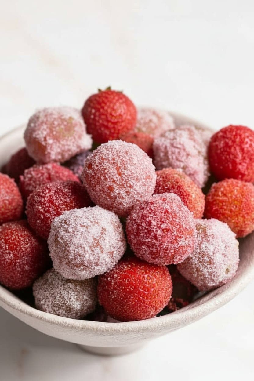 Mixed fruit-only sour candy snacks on white marble — zero added sugar, just citrus juice and citric acid dust