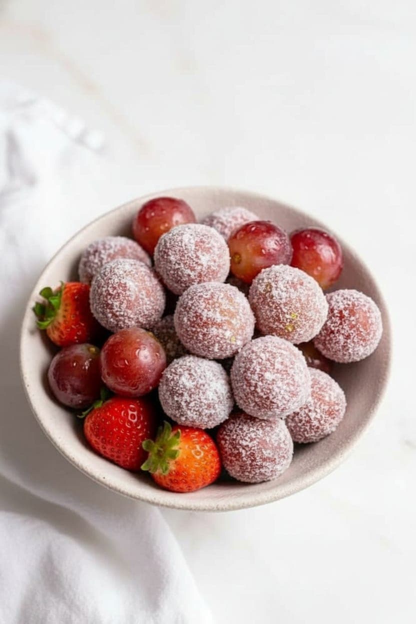 Fresh grapes and strawberries being patted dry on a white kitchen towel before the no-sugar sour coating process