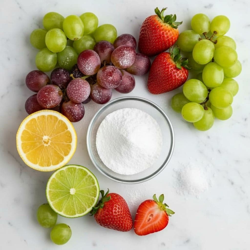 Fresh lemon and lime juice being squeezed into a small glass bowl alongside food-grade citric acid powder for no-sugar sour fruit snacks
