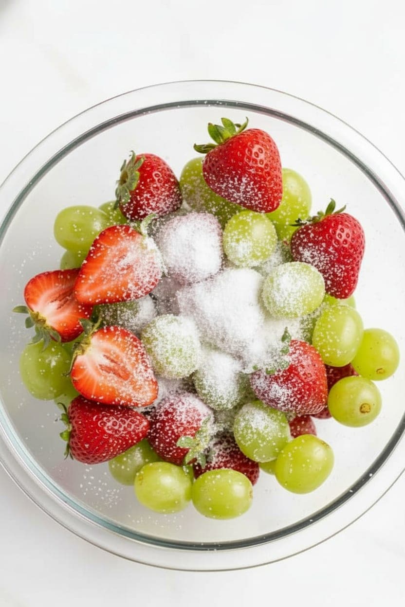 Grapes and strawberries being tossed in fresh lemon lime juice then dusted with fine food-grade citric acid powder