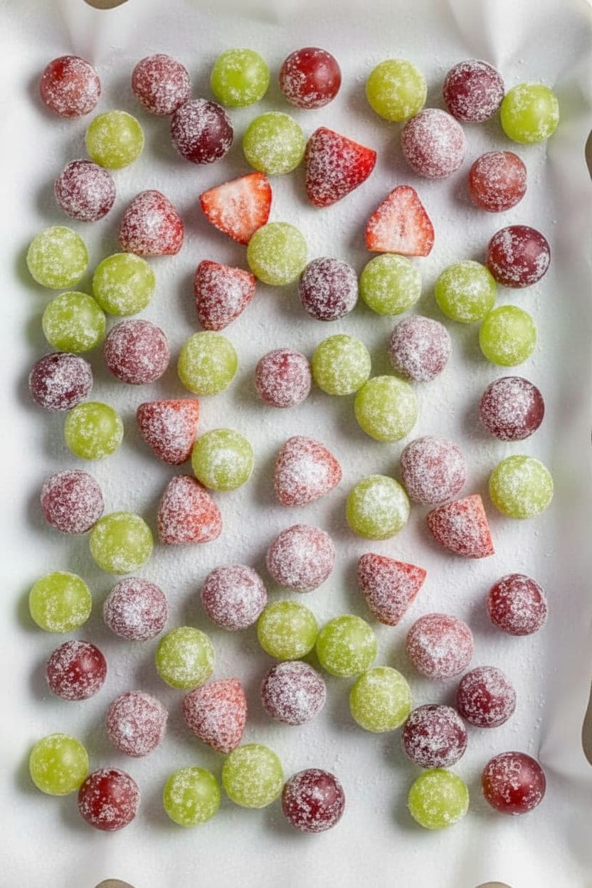 No-sugar sour candy fruit snacks on a parchment-lined baking sheet going into the freezer for a frosty frozen citric acid snack