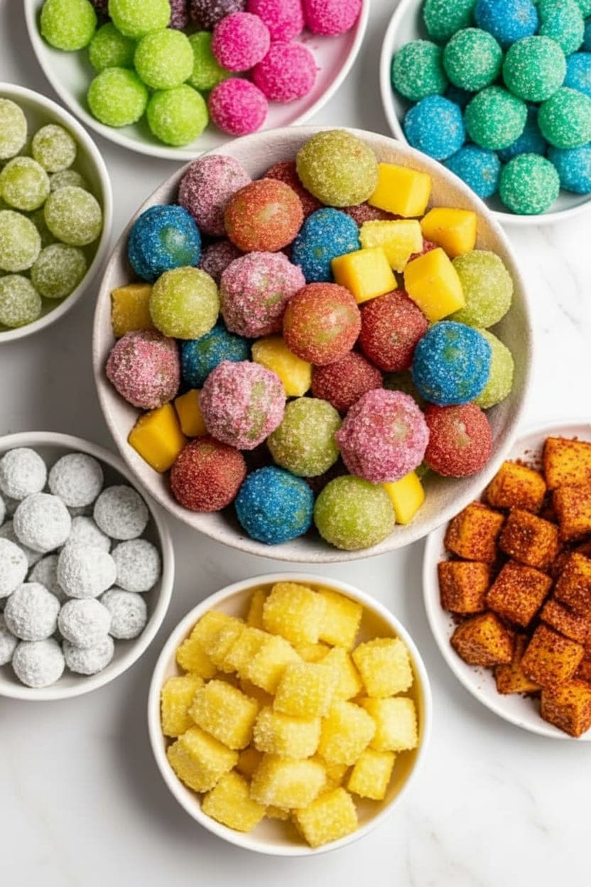 Viral TikTok sour candy fruit recipes collection — sour grapes, spicy mango, pineapple, and fruit riot copycat mix