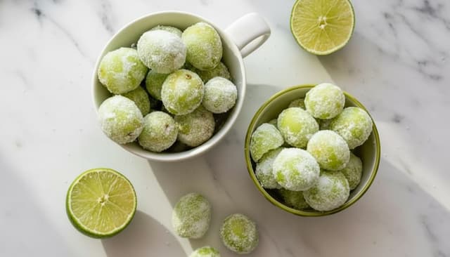 sour candy grapes with citric acid recipe card - extra crunchy frozen grapes