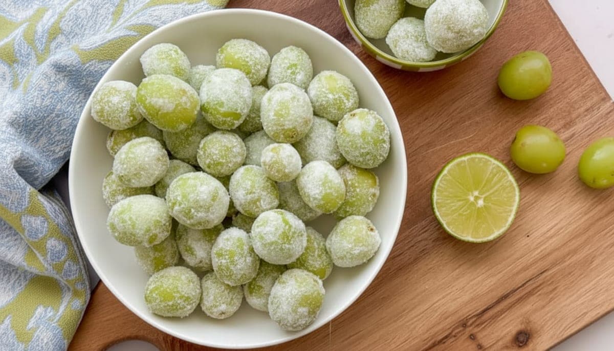 Close-up of citric acid sour candy grapes showing crystalline sour sugar coating