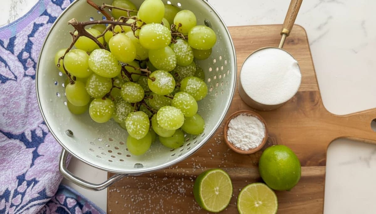 green grapes being patted dry on paper towels before citric acid coating