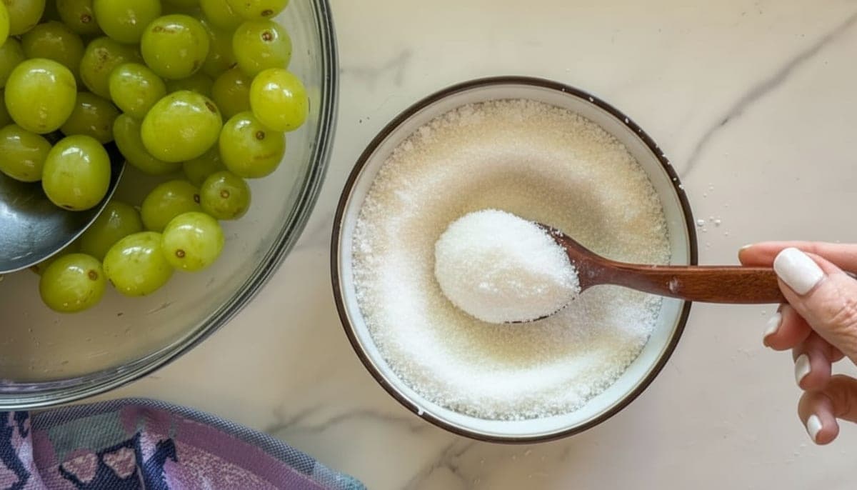 citric acid powder being mixed with granulated sugar in a bowl for sour candy grapes coating