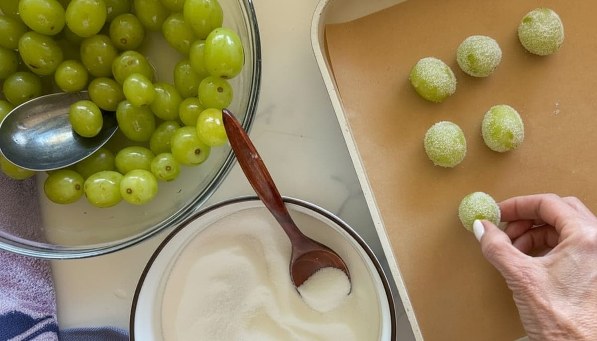 sour candy grapes with citric acid coating arranged on parchment paper ready to freeze