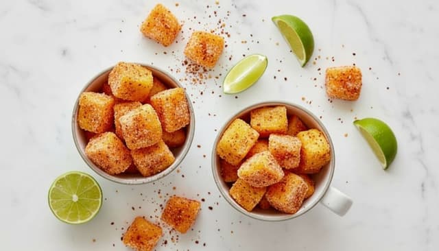 sour pineapple tiktok snack recipe card - frozen spicy pineapple bites