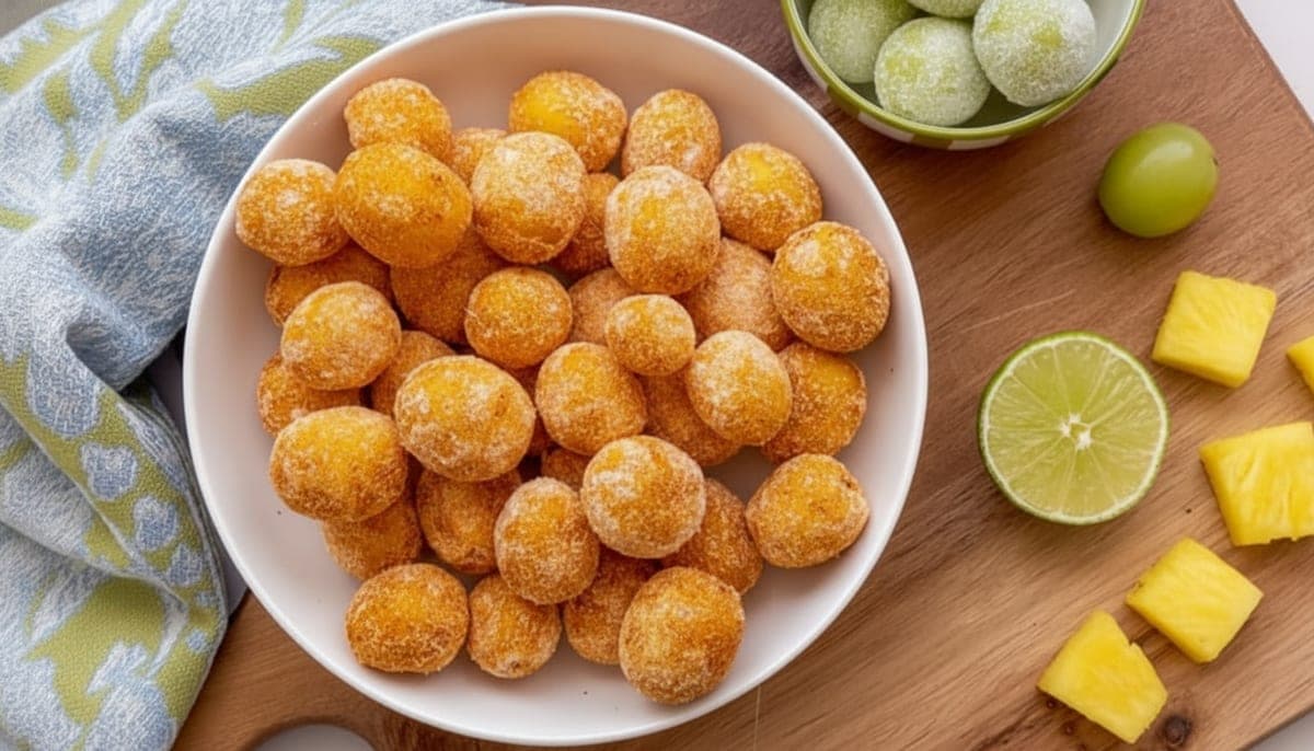 Close-up of frozen spicy sour pineapple bite showing golden flesh and red Tajín coating