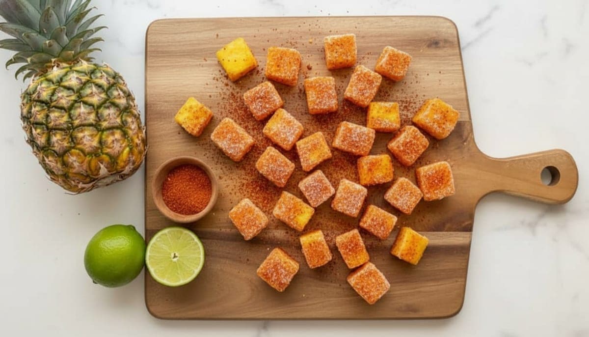 fresh pineapple being cut into uniform 1-inch chunks on a cutting board