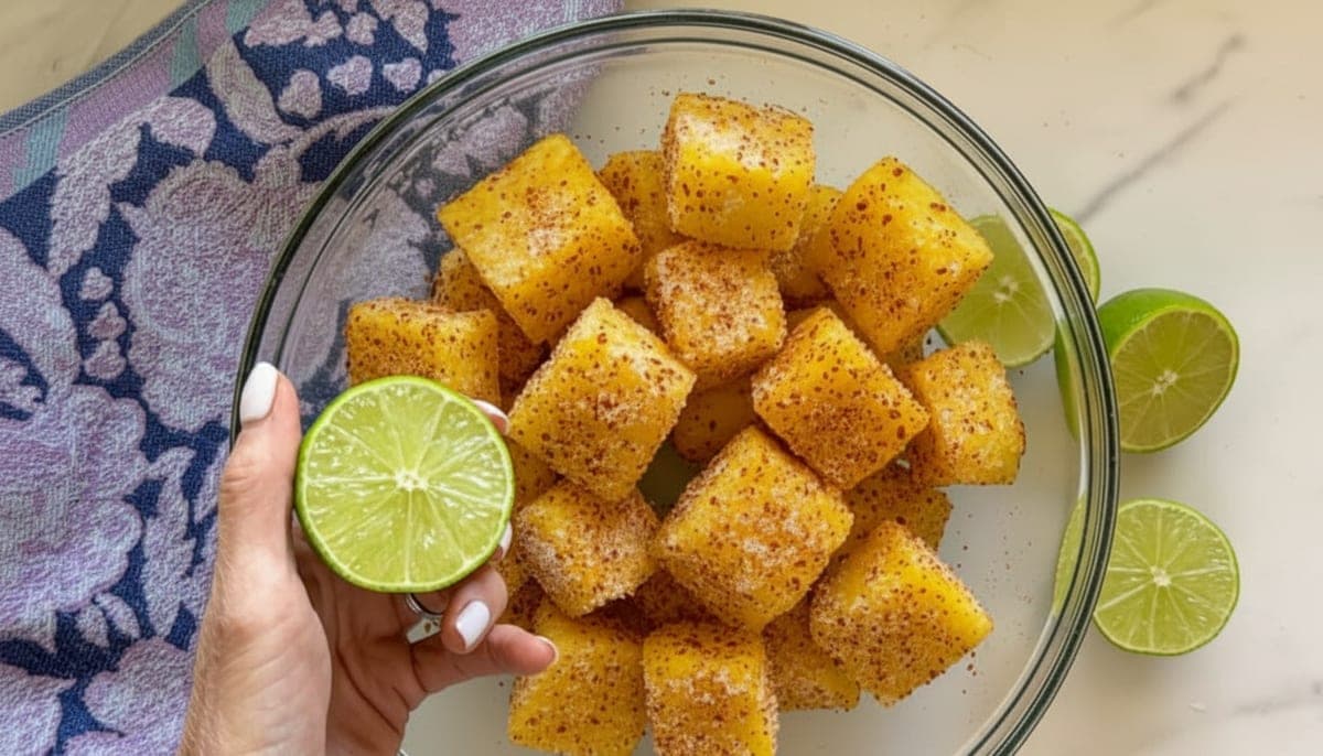 pineapple chunks being tossed in fresh lime juice in a glass bowl