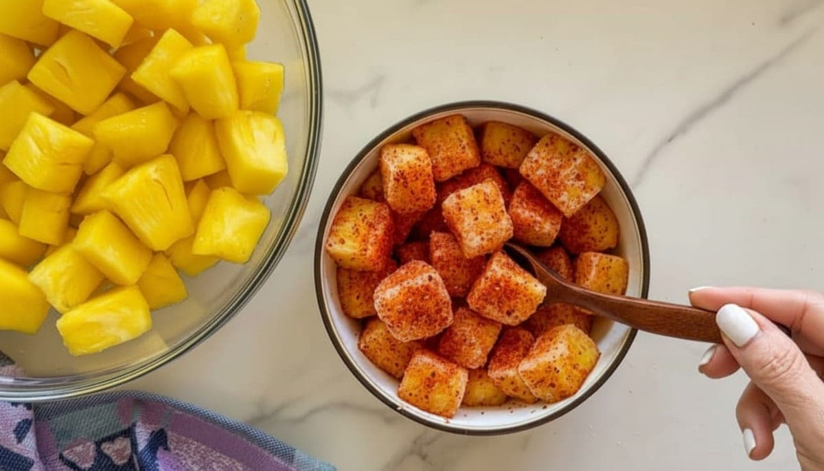 pineapple chunks being coated in red Tajín chili-lime seasoning, vivid color contrast visible