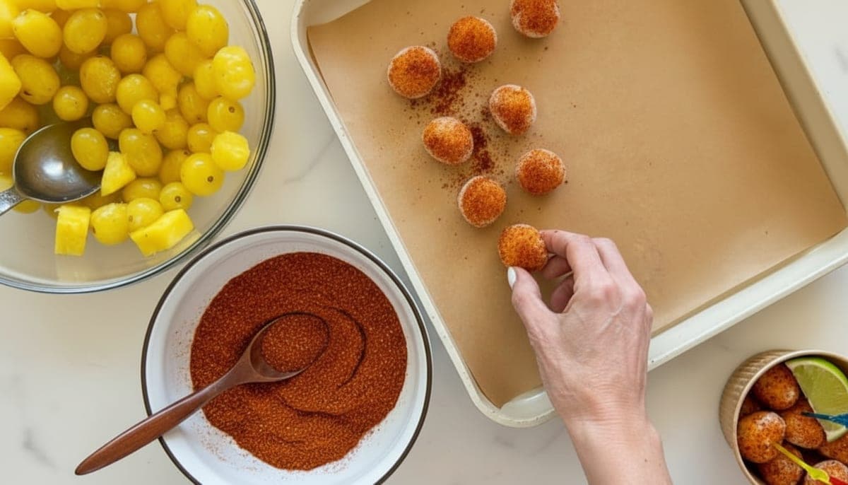 frozen spicy sour pineapple bites arranged on parchment paper, frosty golden exterior with red Tajín coating