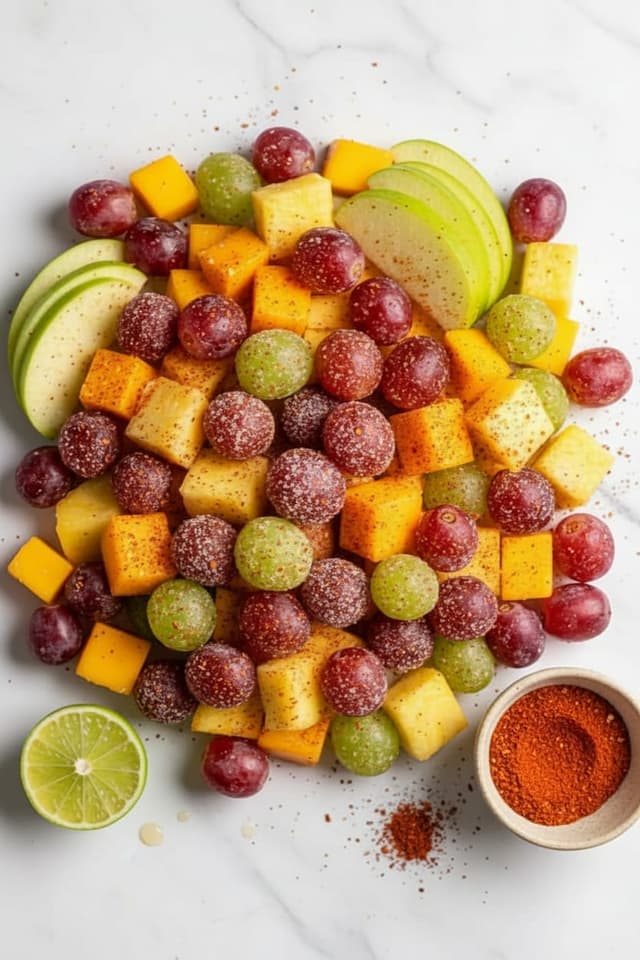 Close-up of sour spicy fruit TikTok snack mix with Tajín-dusted mango and citric acid pineapple in a bowl with a lime wedge
