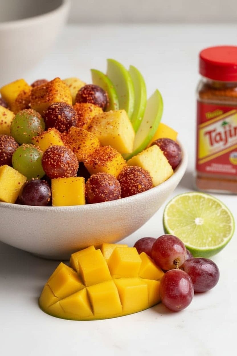 Mixed sour spicy fruit TikTok snack challenge bowl — red Tajín and white citric acid coating on mixed tropical fruit, frosty and vibrant