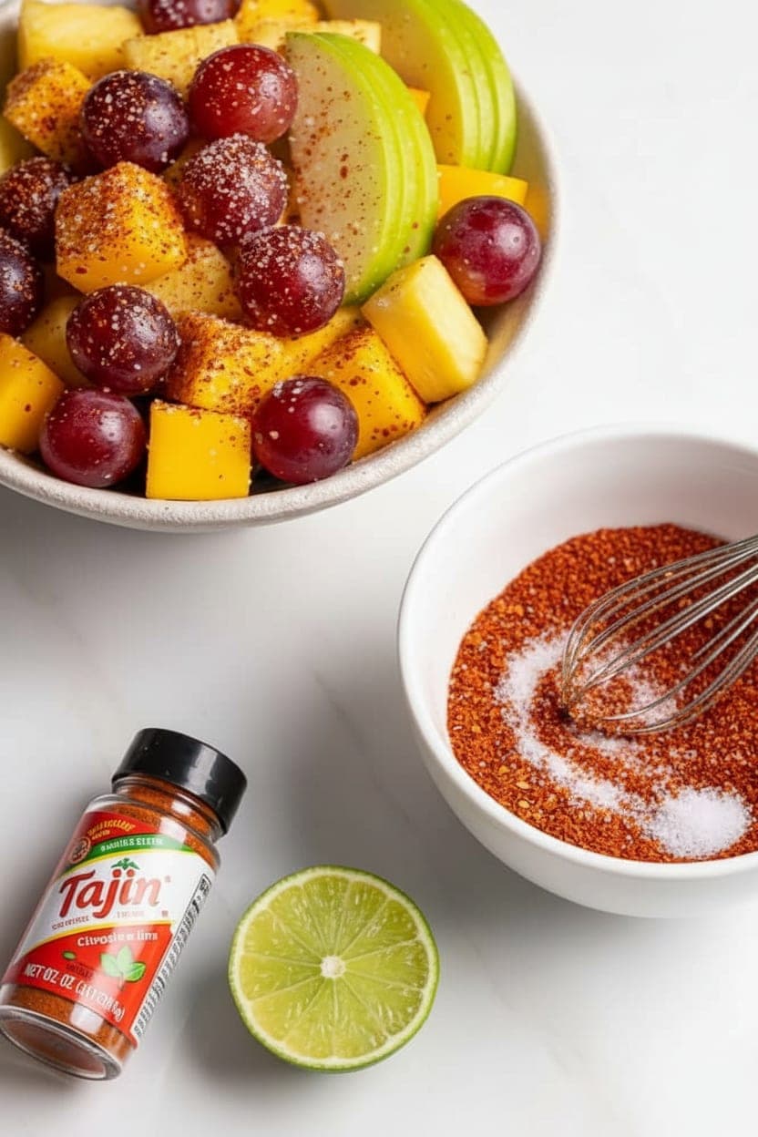 Tajín seasoning and citric acid powder being whisked together in a small white bowl for the sour spicy fruit TikTok snack coating