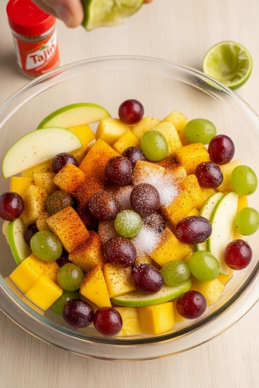 Mixed fruits being tossed in lime juice then dusted with Tajín citric acid coating in a clear bowl for the sour spicy fruit TikTok snack