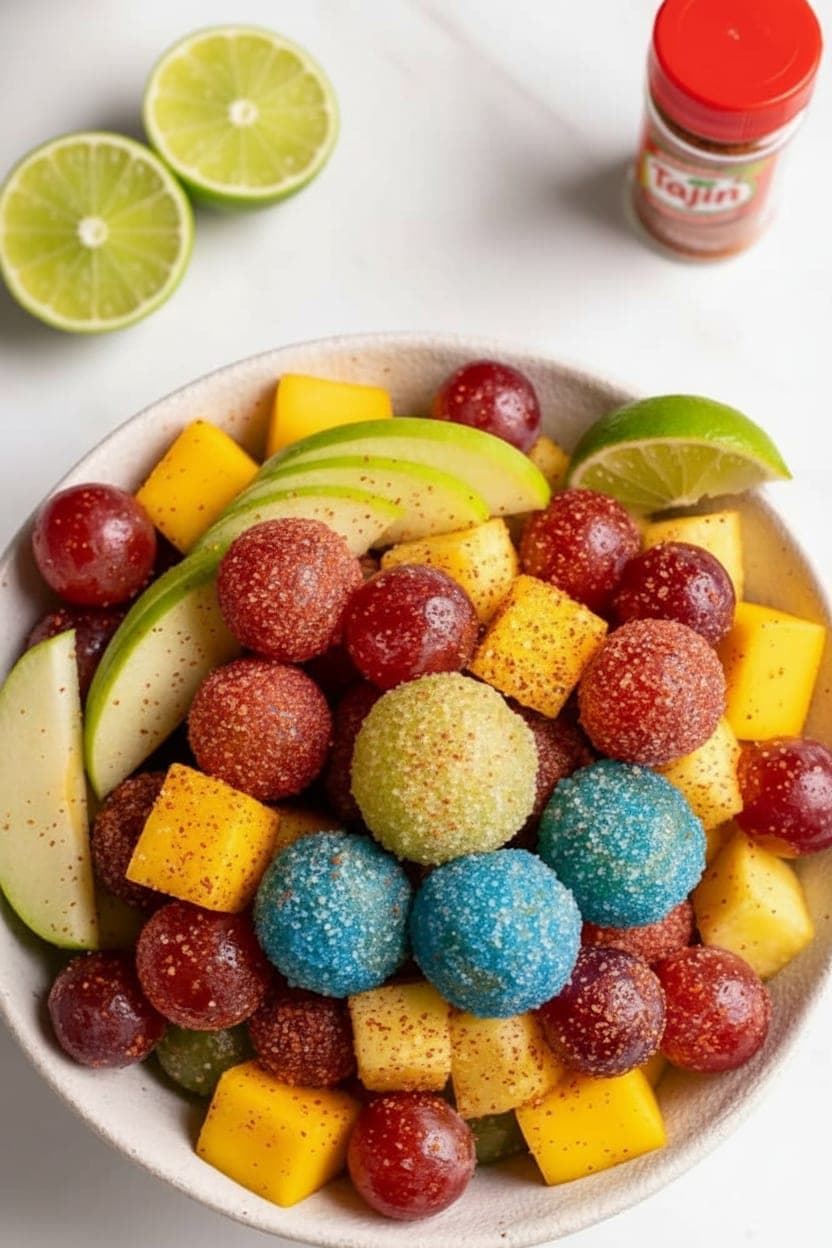 Final sour spicy fruit TikTok snack mix combining Tajín-coated grapes, mango, pineapple, and apple in a large white bowl, vibrant and colorful