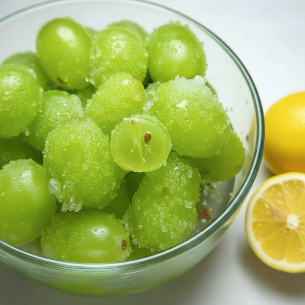 grapes being tossed in fresh lemon juice in a bowl