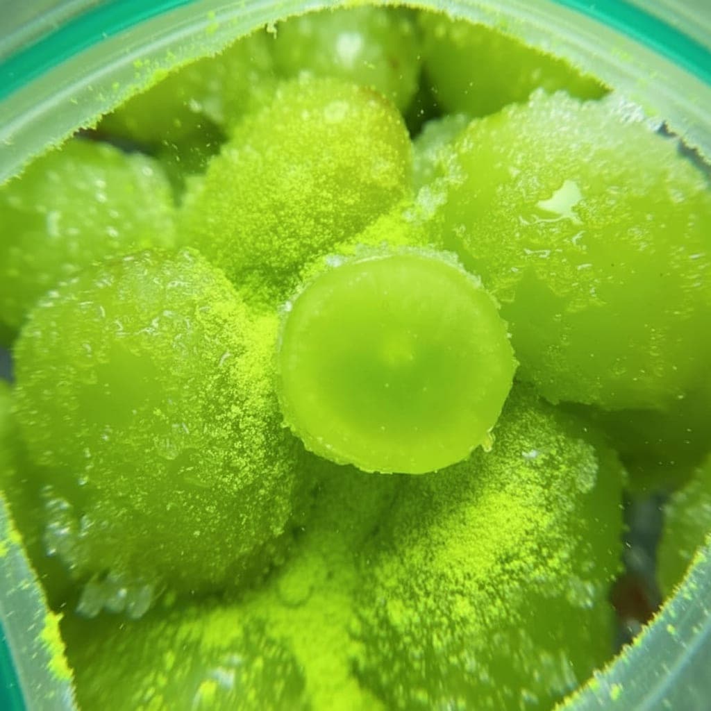 grapes being rolled in lime Jell-O powder in a zip-lock bag