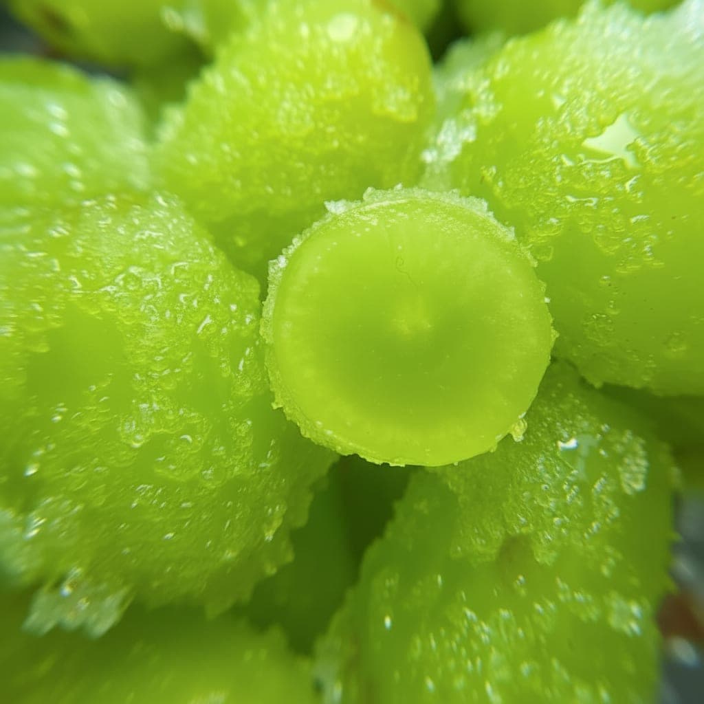 Jell-O coated grapes arranged on parchment paper before freezing