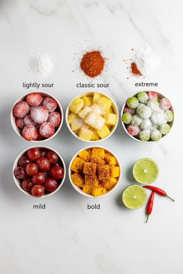 Homemade TikTok sour fruit riot-style bites in a segmented box — mild to extreme sour levels, grapes, mango, pineapple, strawberry, and watermelon