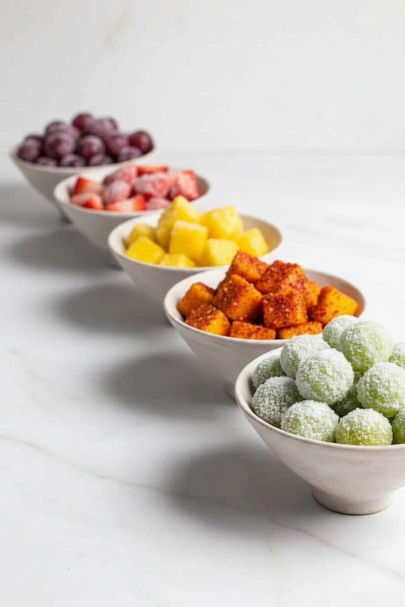 Sour challenge setup: five cups of TikTok sour fruit riot-style bites lined up mild to extreme with a handwritten level label in front of each