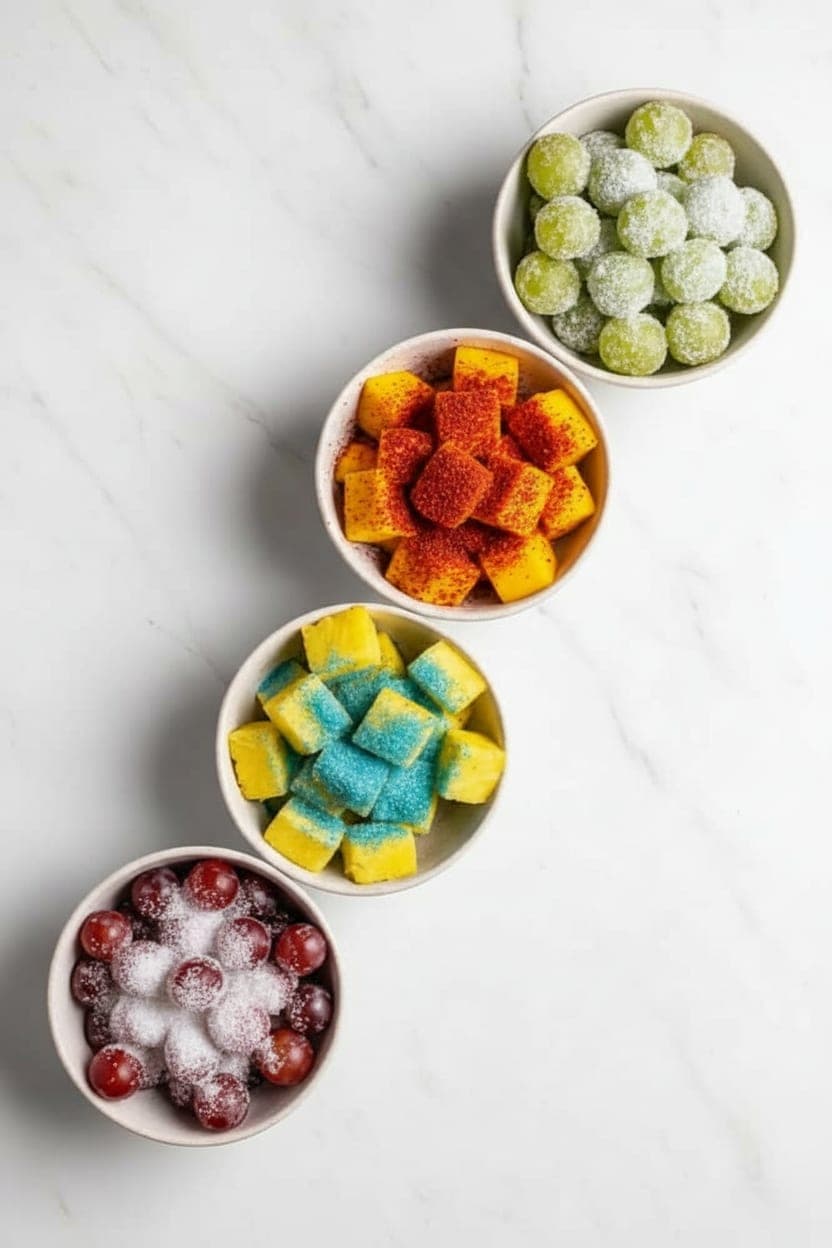 Five separate prep bowls of different fruits — grapes, strawberries, pineapple, mango, watermelon — each dried and ready to be coated at different sour levels