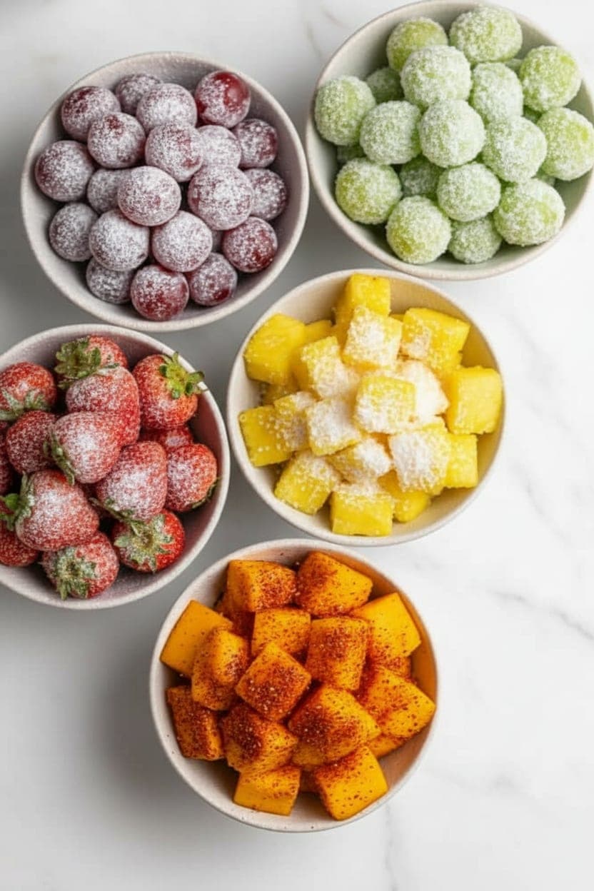 Five small bowls each containing a different sour-coated fruit at progressively more intense levels, from white-dusted mild grapes to bright red extreme-level mango