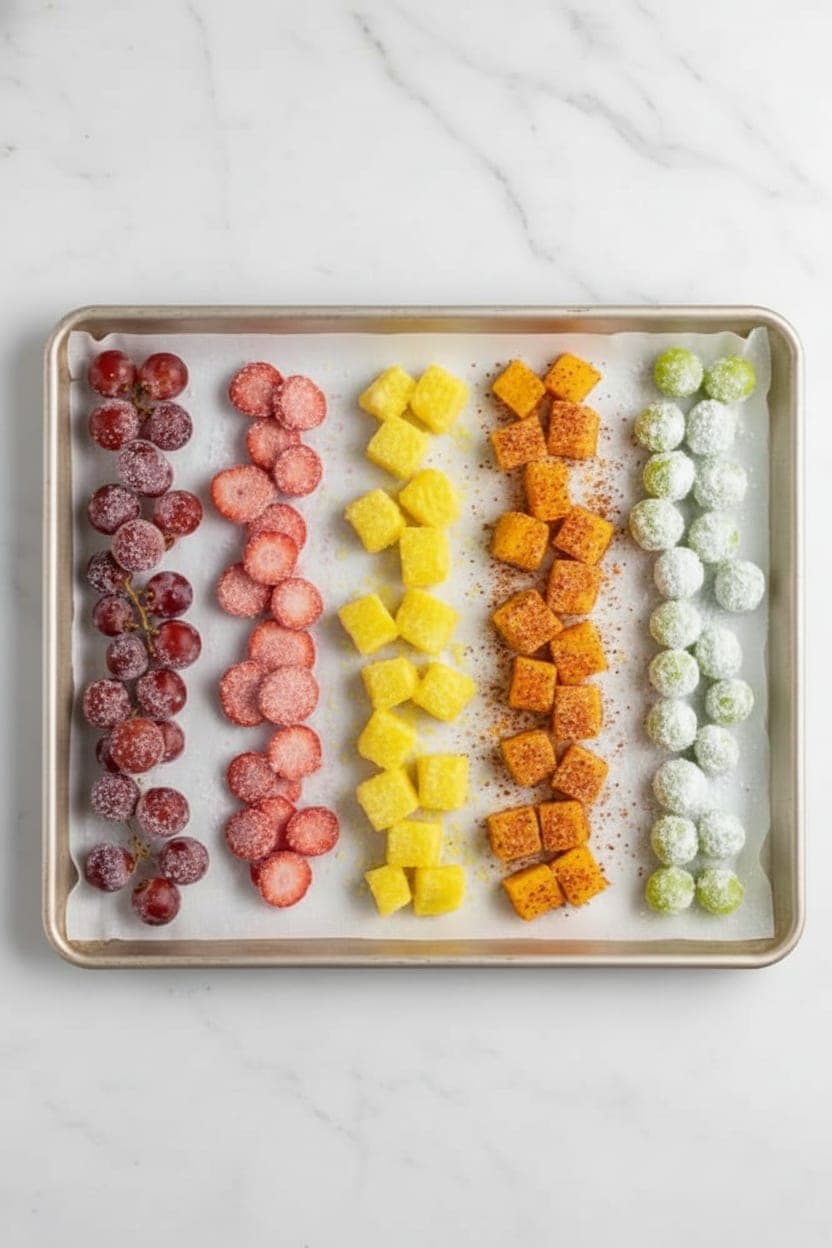 Five sections of differently-coated sour fruit on a large parchment-lined baking sheet, each fruit type frozen separately before combining into the TikTok sour fruit riot style box