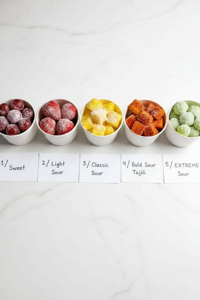 Assembled TikTok sour fruit riot-style challenge box with five cups of coated fruit labeled Level 1 through Level 5, ready to film the sour challenge TikTok