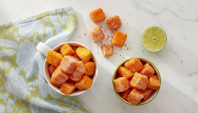 tiktok spicy sour mango snack recipe card - frozen Tajín mango bites