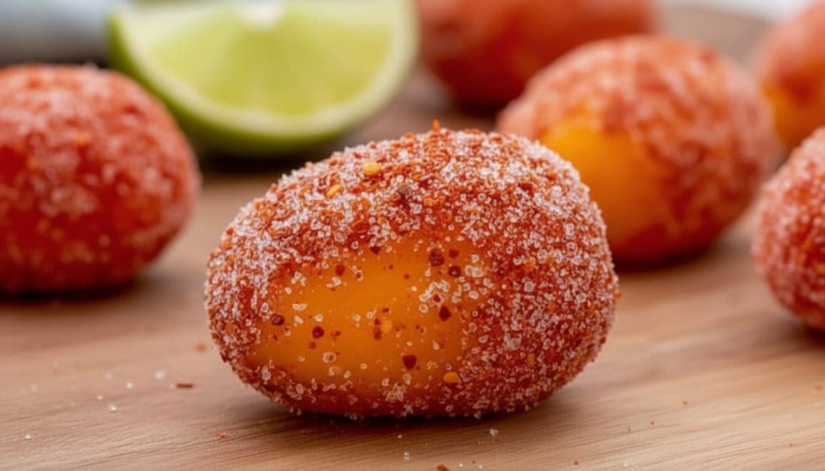 Close-up of frozen spicy mango bite showing vibrant orange flesh and red Tajín coating