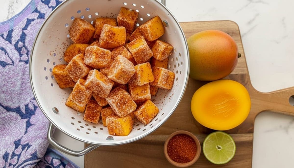 ripe mango being cubed into 1-inch pieces on a cutting board