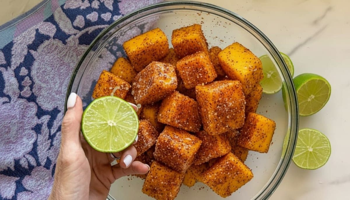 mango cubes being tossed in fresh squeezed lime juice in a glass bowl