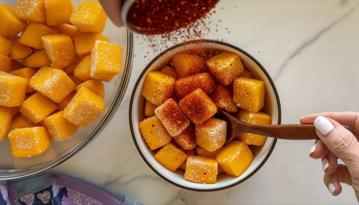 mango cubes being coated in Tajín chili-lime seasoning, vibrant red-orange coating visible